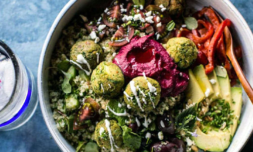 Falafel Plate Bowl arranged beautifully with greens and pita